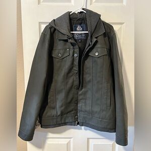 American Rag CIE Men’s Faux Leather Bomber Jacket Hooded Layered Look Size Large